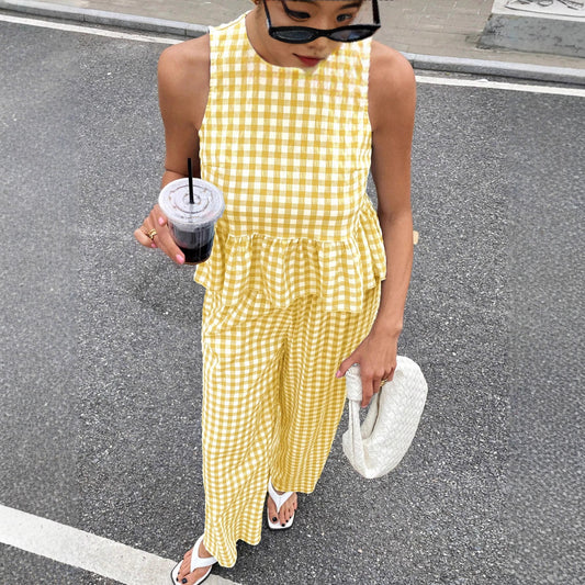 Ensemble décontracté pour femme : haut sans manches à col rond et ourlet volanté et pantalon à jambes droites