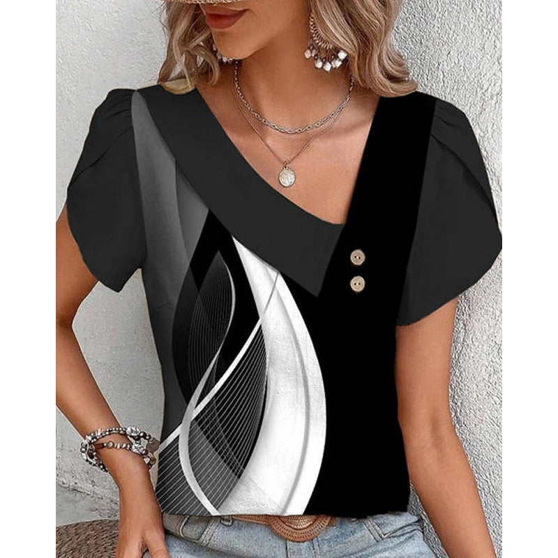 Camiseta de manga corta con cuello diagonal informal