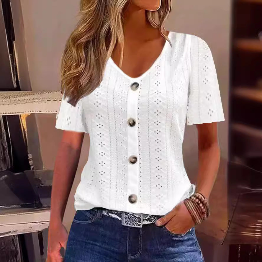 Haut t-shirt col V jacquard manches courtes uni à boutons
