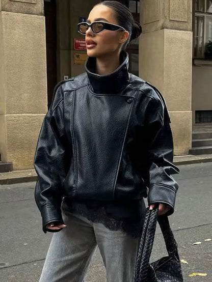 Women's stand-collar PU leather jacket, black, loose-fitting