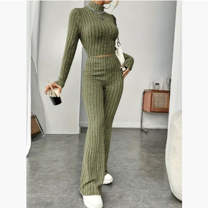 Ensemble Col Roulé Manches Longues et Pantalon Large Taille Haute