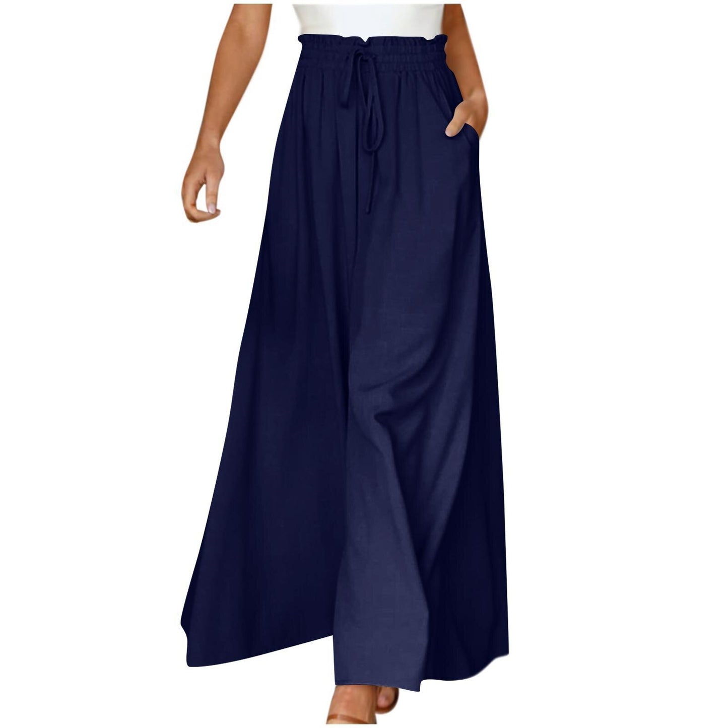 Pantalon long taille haute et large pour femme avec ceinture élastique