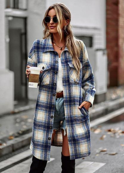 Manteau cardigan long à carreaux pour femme, style décontracté et élégant