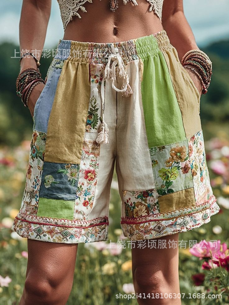 Pantalones cortos casuales de mujer con estampado floral retro europeo y americano