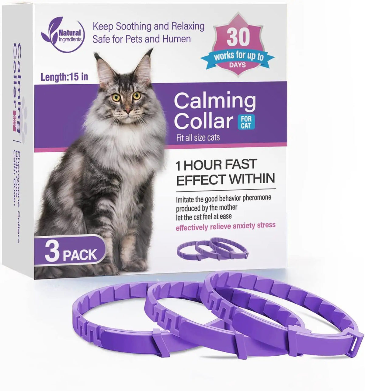 Calming Collar for Cat by AdTec, purple 3-pack shown with cat image on the box