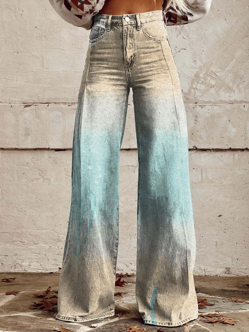 Pantalones de pata ancha, transferencia térmica, tipo campana, simulación de vaqueros