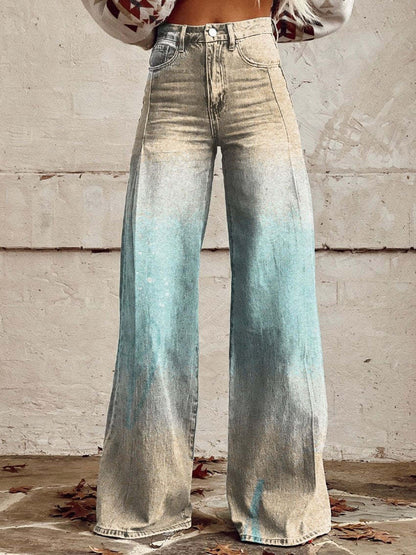 Pantalon large à transfert thermique, pantalon patte d'éléphant, pantalon en jean imitation