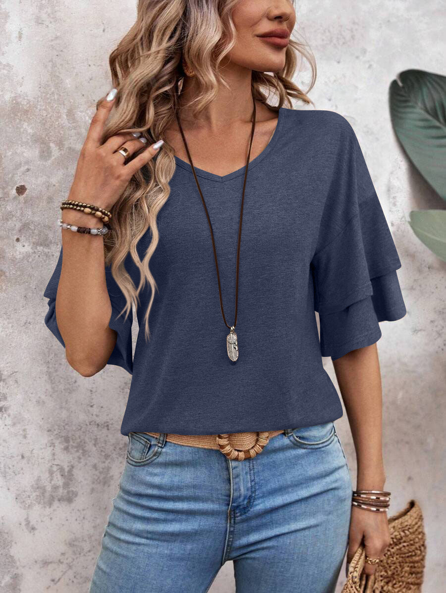 T-shirt ample à col en V et manches volantées, couleur unie, haut mi-manches, vêtements pour femmes
