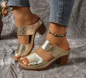 Sandales à talons épais Été Bout rond Carreaux Claquettes Chaussons Mode Talons hauts Chaussures pour femmes