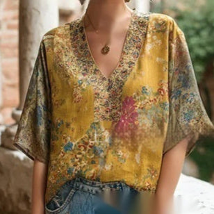 T-shirt à col en V et manches courtes imprimé 3D pour femme, au style élégant, artistique et vintage