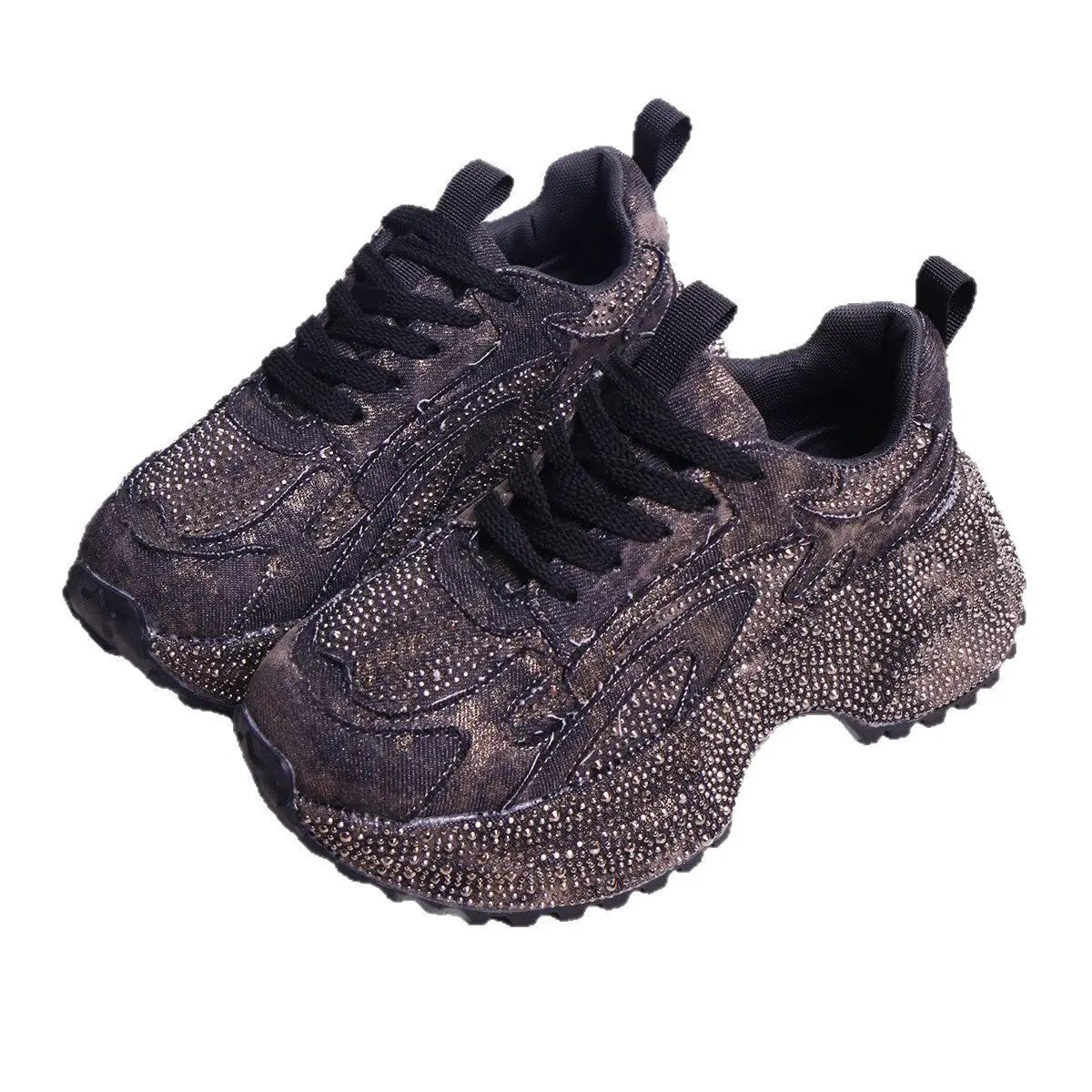Womens stylish height-increasing chunky sneakers, pair of black rhinestone upper with thick sole