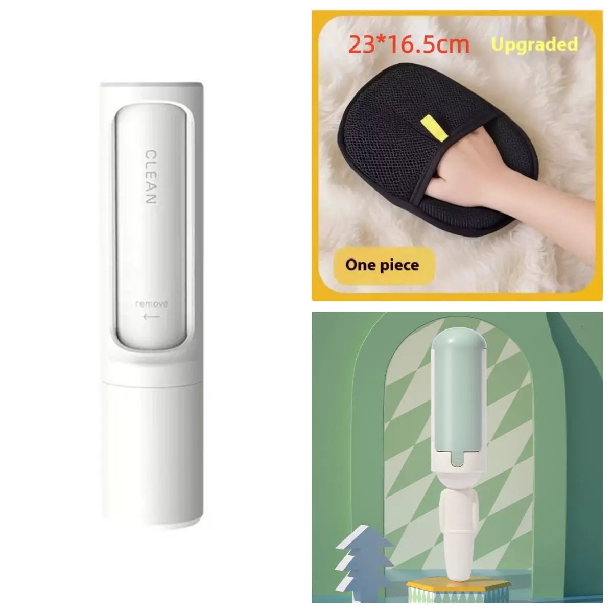 Three-piece reusable pet hair remover set: white handheld brush, black glove, mint-green lint roller.