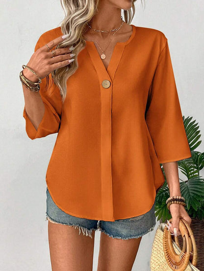 Chemise décontractée unie ample avec petit col en V et boutons