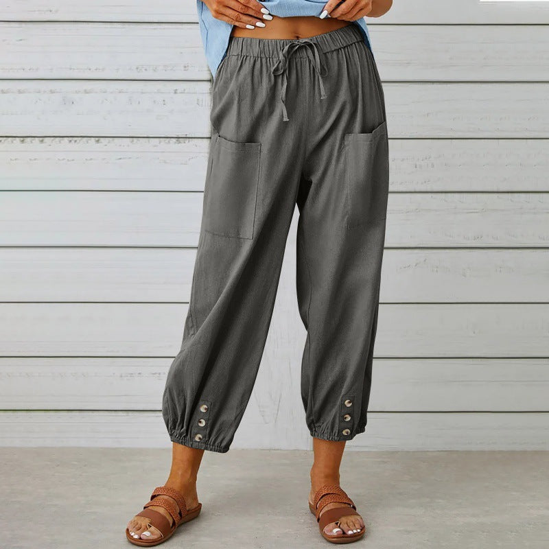 Pantalon ample taille haute en coton et lin avec boutons, coupe courte, jambes larges pour femme
