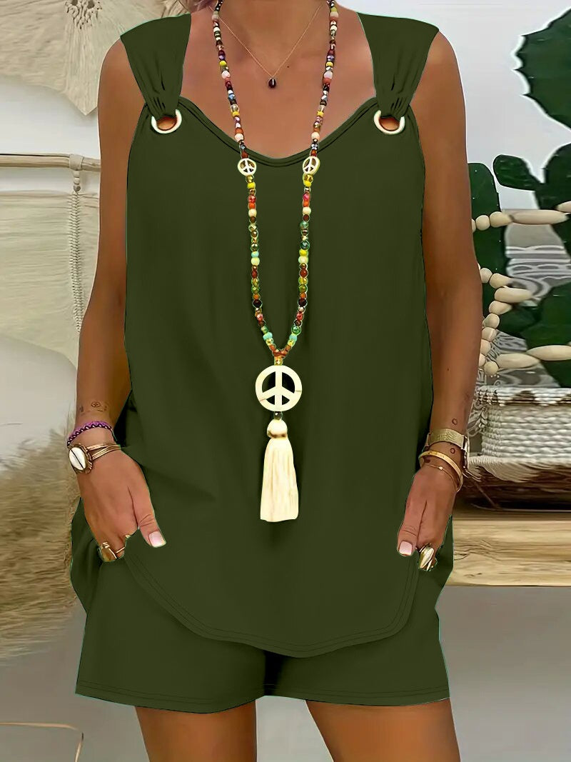 Elegant Solid Color Sleeveless Casual Top Shorts Suit
