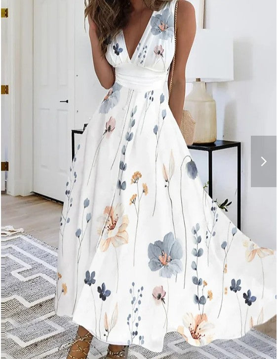 Nouvelle robe d'été sans manches à col en V, taille haute imprimée pour femmes