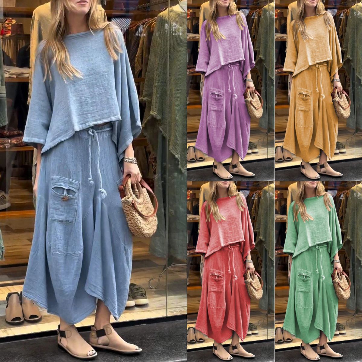Traje de dos piezas de vestido holgado de color liso casual
