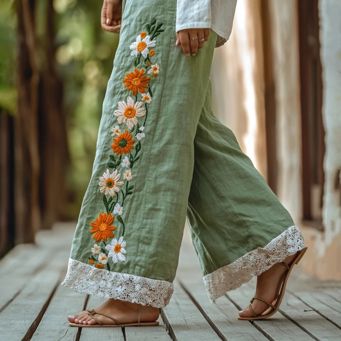 Pantalon large en coton et lin avec broderie florale en dentelle, style rétro bohème