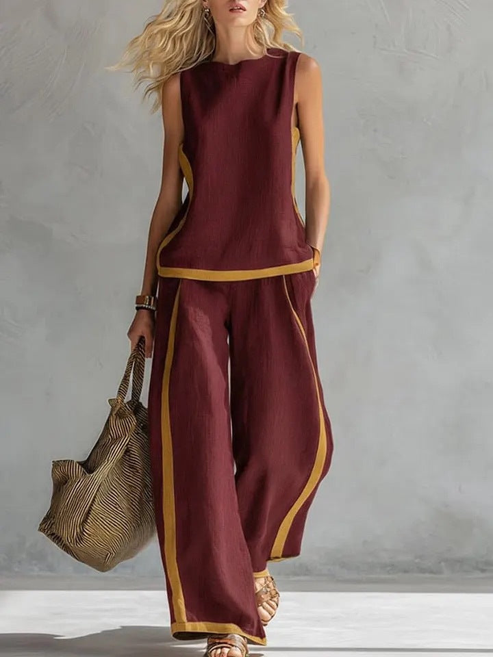 Ensemble Top Ample Sans Manches Col Rond et Pantalon Large Fluide Taille Haute