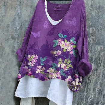 Manga Larga Informal Estampada Suelta Floral para Mujer