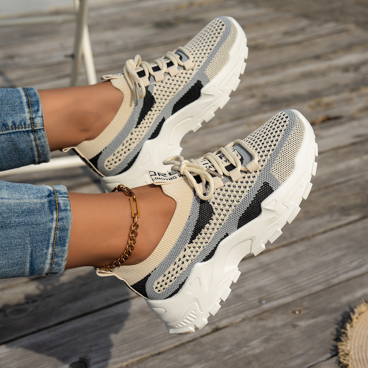 Zapatillas de malla Flyknit para mujer, transpirables, con cordones, para caminar, correr, informales