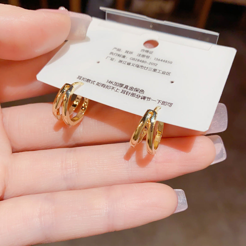Boucle d'oreille double couche creuse en zircon en forme de cercle, style japonais et coréen, à la mode et élégante