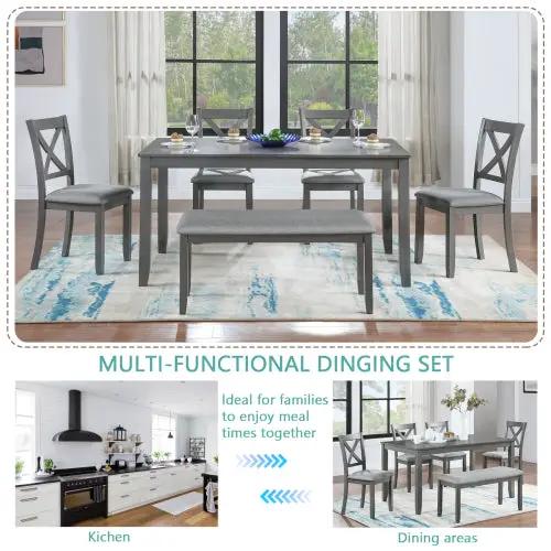 AdTec 6-piece kitchen dining set in gray wood finish with table, four chairs, and bench