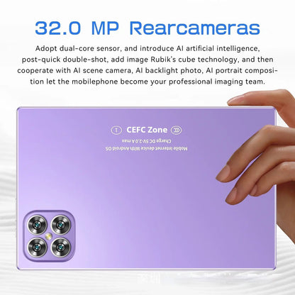 Purple 10-inch tablet with quad-camera rear module held in a hand