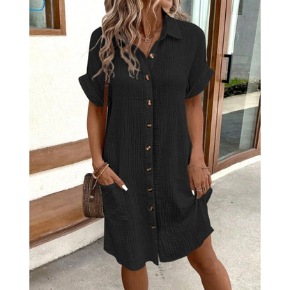 Robe chemise en coton et lin à col en V boutonnée pour femme, simplicité estivale