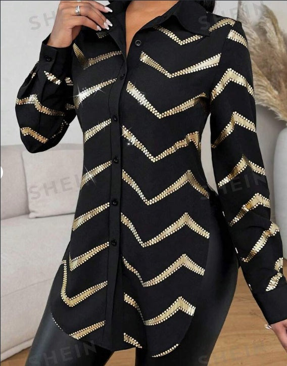 Chemise femme Lyxana à manches longues avec épaules coupées, imprimé feuille d'aluminium aléatoire, taille cintrée et patte de boutonnage ouverte