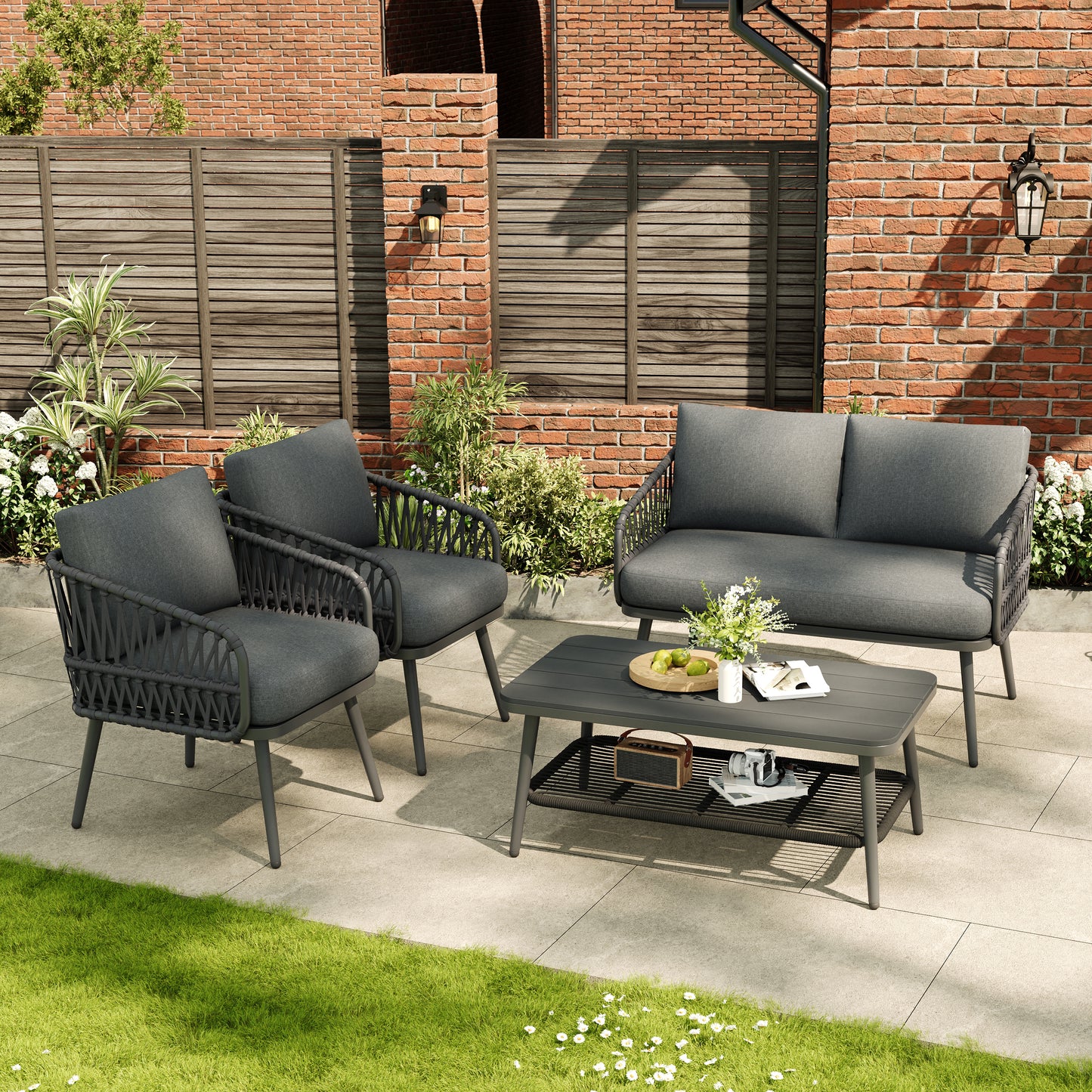Ensemble de jardin 4 places avec table basse de rangement en bois composite