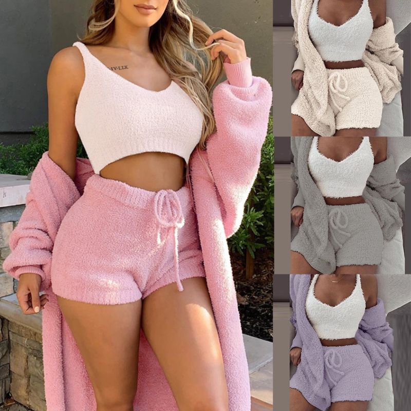 Traje de invierno sexy para mujer para el hogar, conjunto de pijamas casuales, conjunto de chaleco y shorts de manga larga suaves y cálidos para mujer con ombligo descubierto