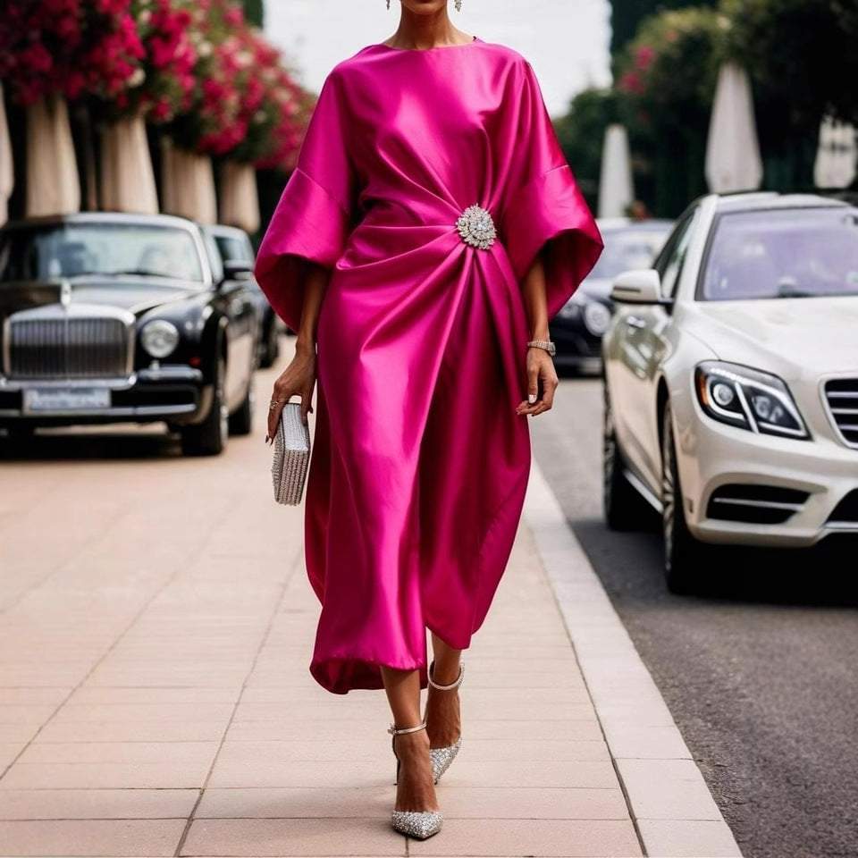 Elegante Vestido Largo de Satén para Mujer con Diseño de Viaje, Decoración de Flores de Perlas, Cintura Alta y Falda Irregular