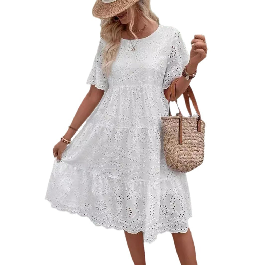 Robe décontractée pour femme à broderies, creusée, à manches courtes et col rond, avec volants aux manches et à la taille