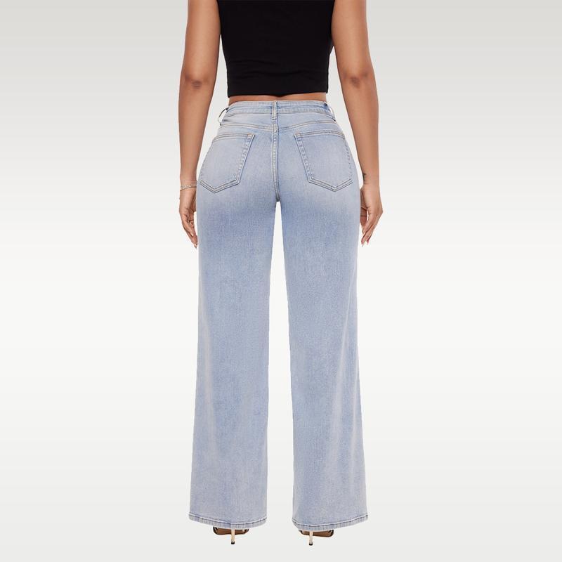 Jeans de mezclilla rectos de pierna ancha, de tiro medio a bajo, alta elasticidad, suaves y levanta glúteos