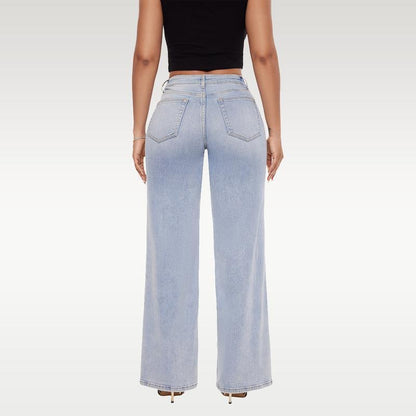 Jean droit en denim taille mi-basse à basse, très élastique, doux et rehaussant les hanches, à jambe large