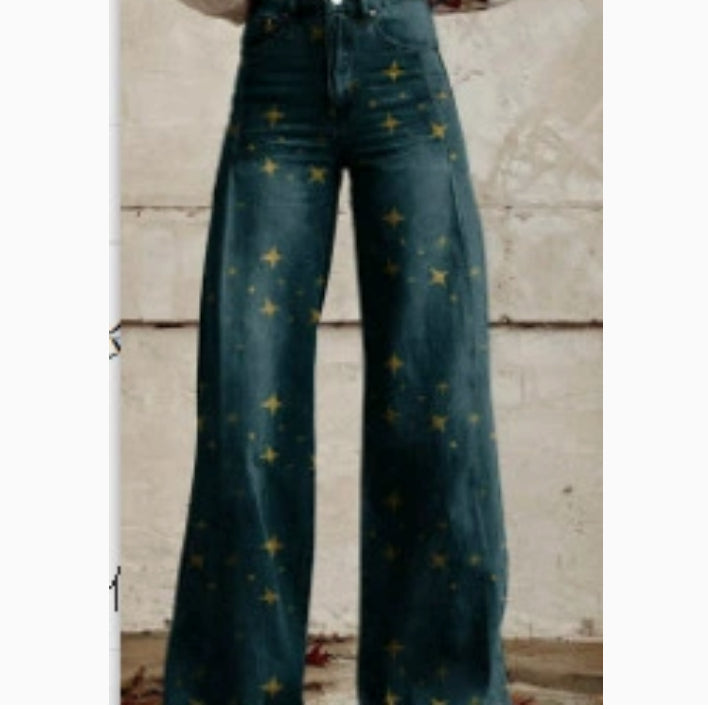 Pantalones de pata ancha, transferencia térmica, tipo campana, simulación de vaqueros