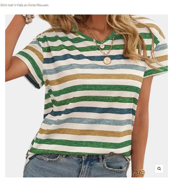 Camiseta Informal de Mujer Manga Corta con Rayas y Cuello en V