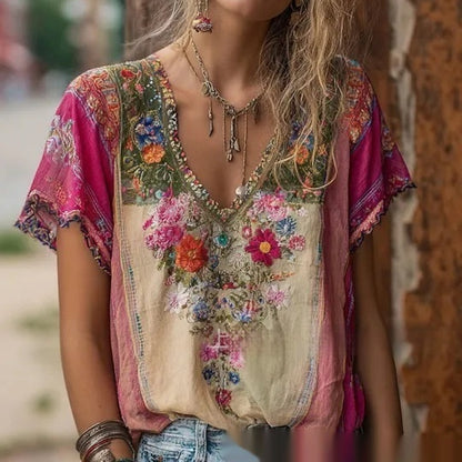 T-shirt à col en V et manches courtes imprimé 3D pour femme, au style élégant, artistique et vintage