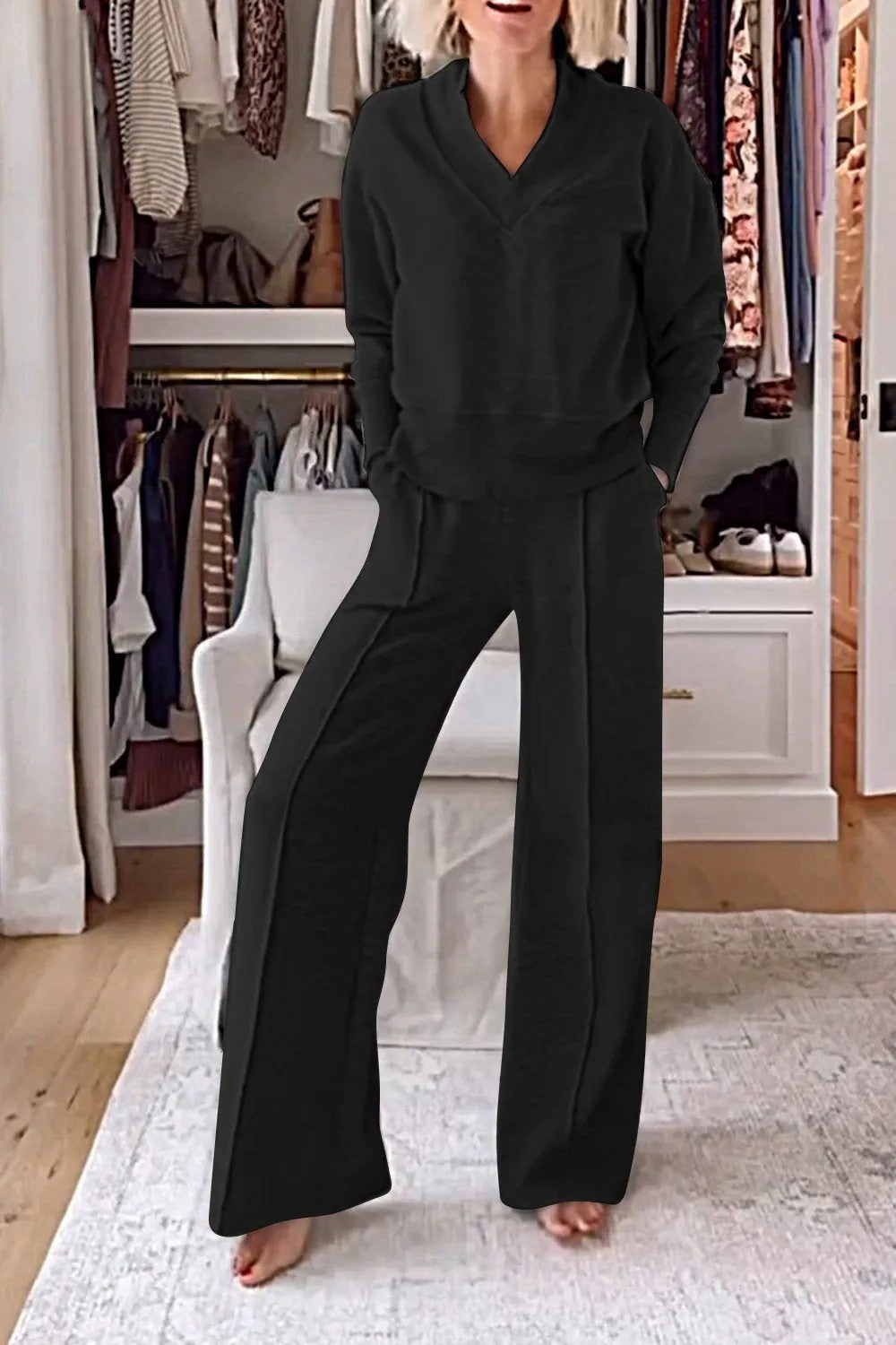 Ensemble deux pièces col en V manches longues haut ample pantalon large