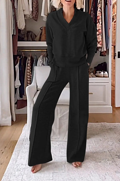 Ensemble deux pièces col en V manches longues haut ample pantalon large