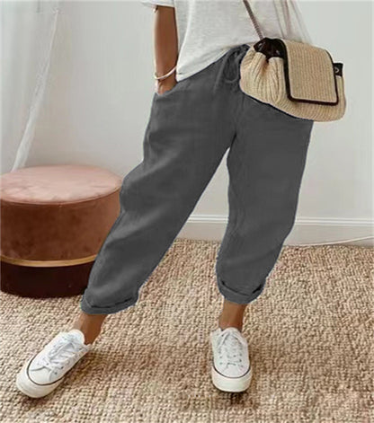 Pantacourt en coton et lin à taille élastique pour femme