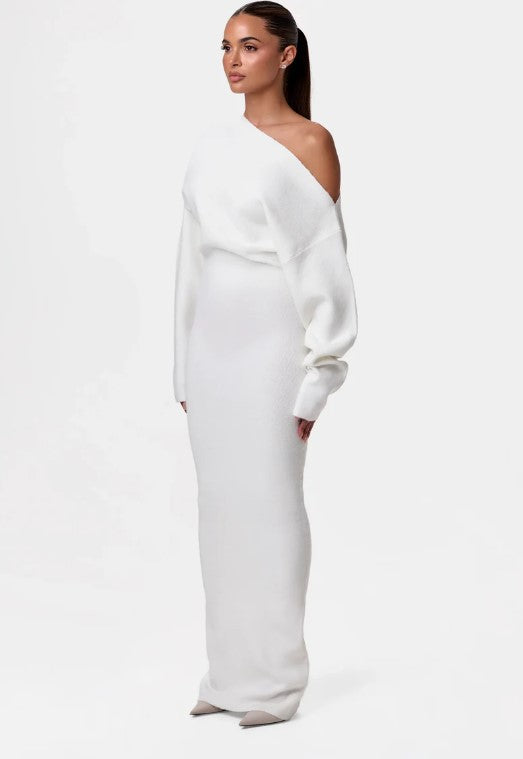 Vestido de punto de manga larga ajustado estilo Ins para fiesta de noche, sexy, con hombros descubiertos, largo y ajustado