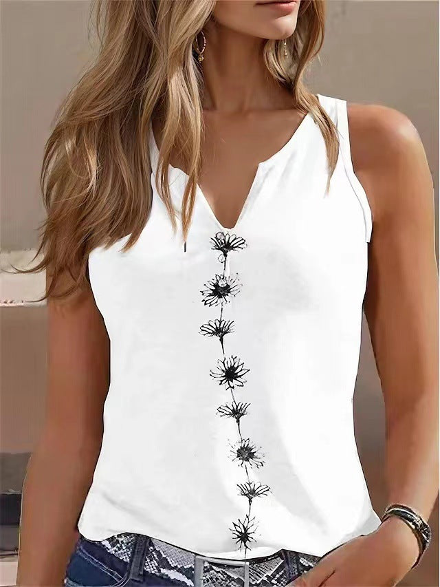 Camiseta sin mangas suelta informal con estampado de S y cuello en V para mujer