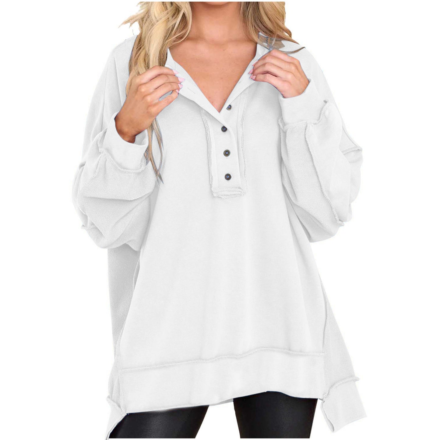 Nueva blusa de color liso con cuello redondo para mujer