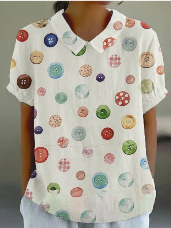 Mujer Costura Floral Estampado Estilo Nacional Solapa Manga Corta