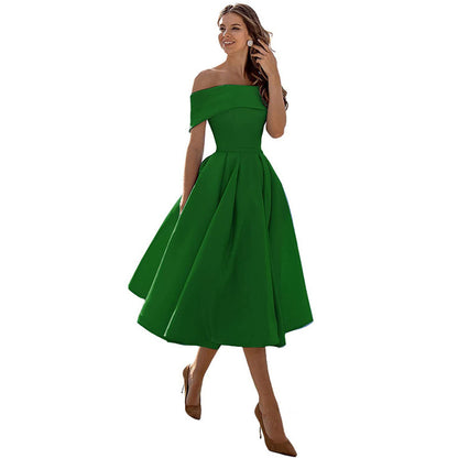 Robe de Soirée Formelle en Satin pour Femme sans Bretelles, Coupe Décontractée, Longueur Thé, Épaules Dénudées, avec Poches