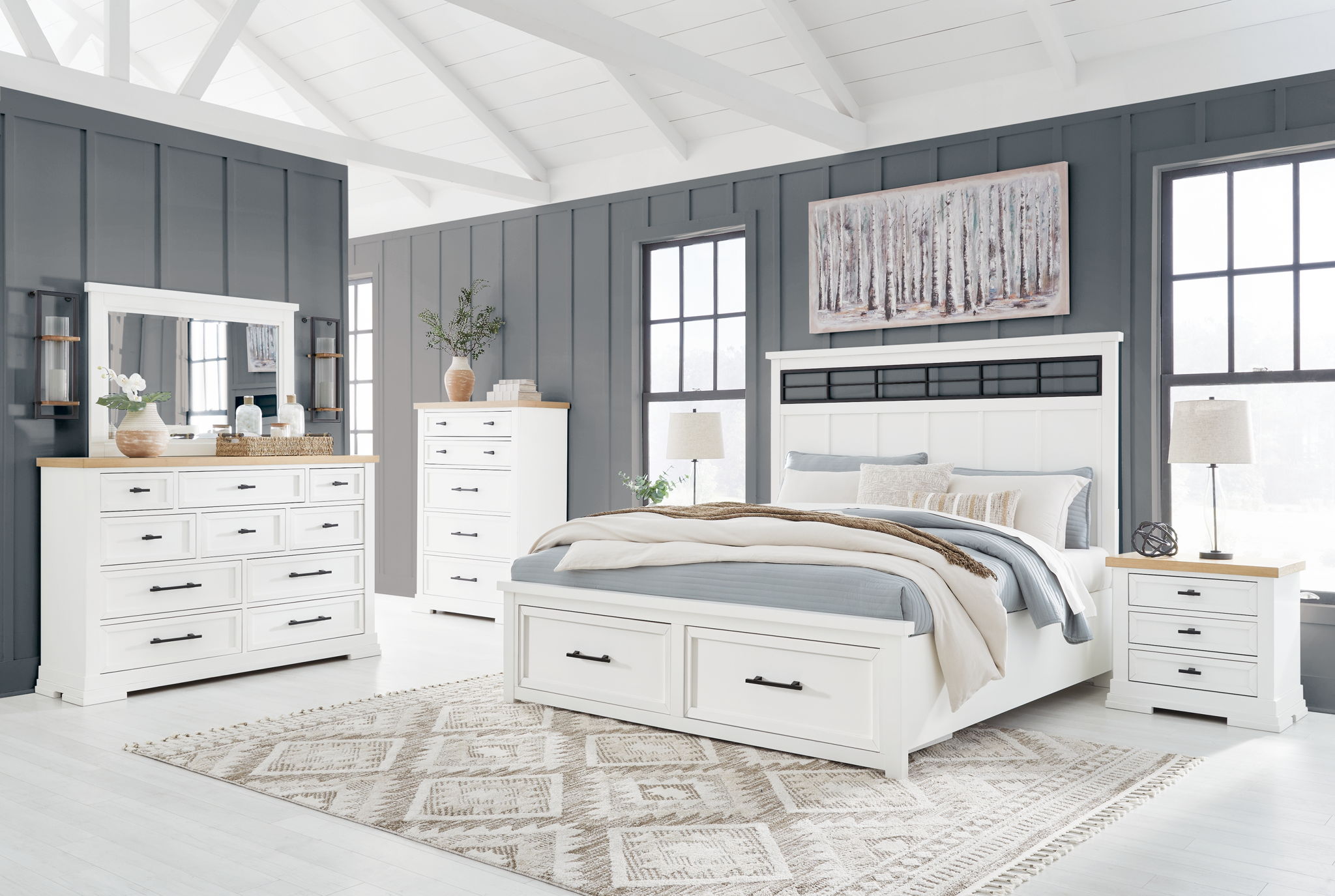 Ashbryn White Natural Panel Storage Bedroom Set 6 Piece Modern Farmhouse Furniture-0