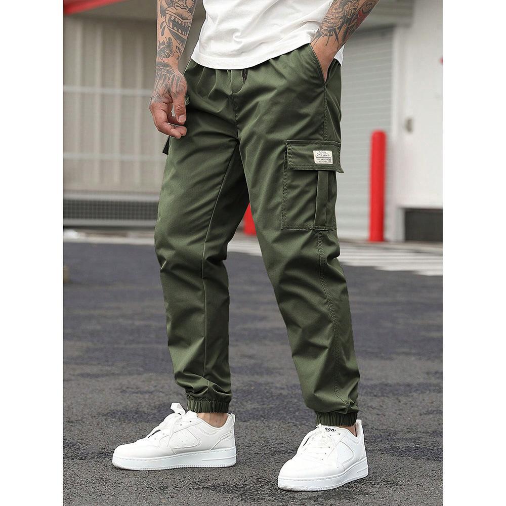Pantalon cargo décontracté coupe droite multipoches avec cordon de serrage pour homme