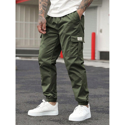 Pantalon cargo décontracté coupe droite multipoches avec cordon de serrage pour homme